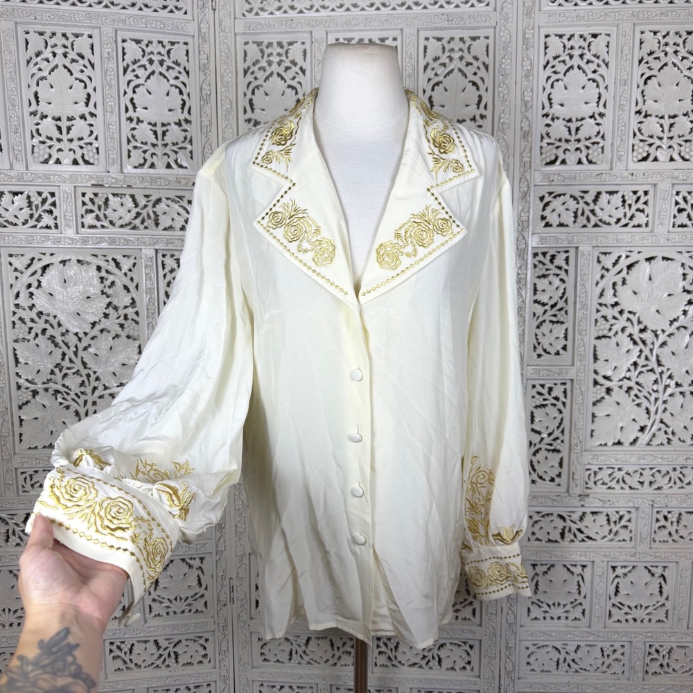 Vtg NWT 80's Diane Von Furstenberg 100% Silk Embroided Button Up Blouse Sz Large